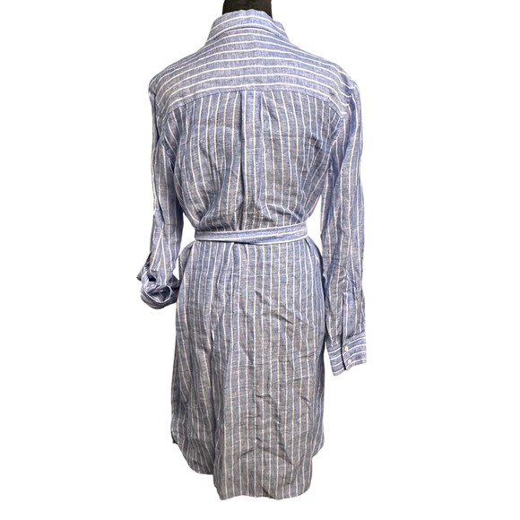 Ann Taylor Linen Striped Shirt Dress Medium Blue White Belted Coastal Preppy - Picture 3 of 11
